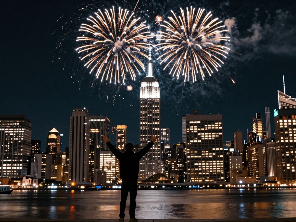 New Year&rsquo;s Eve fireworks over New York City skyline at midnight